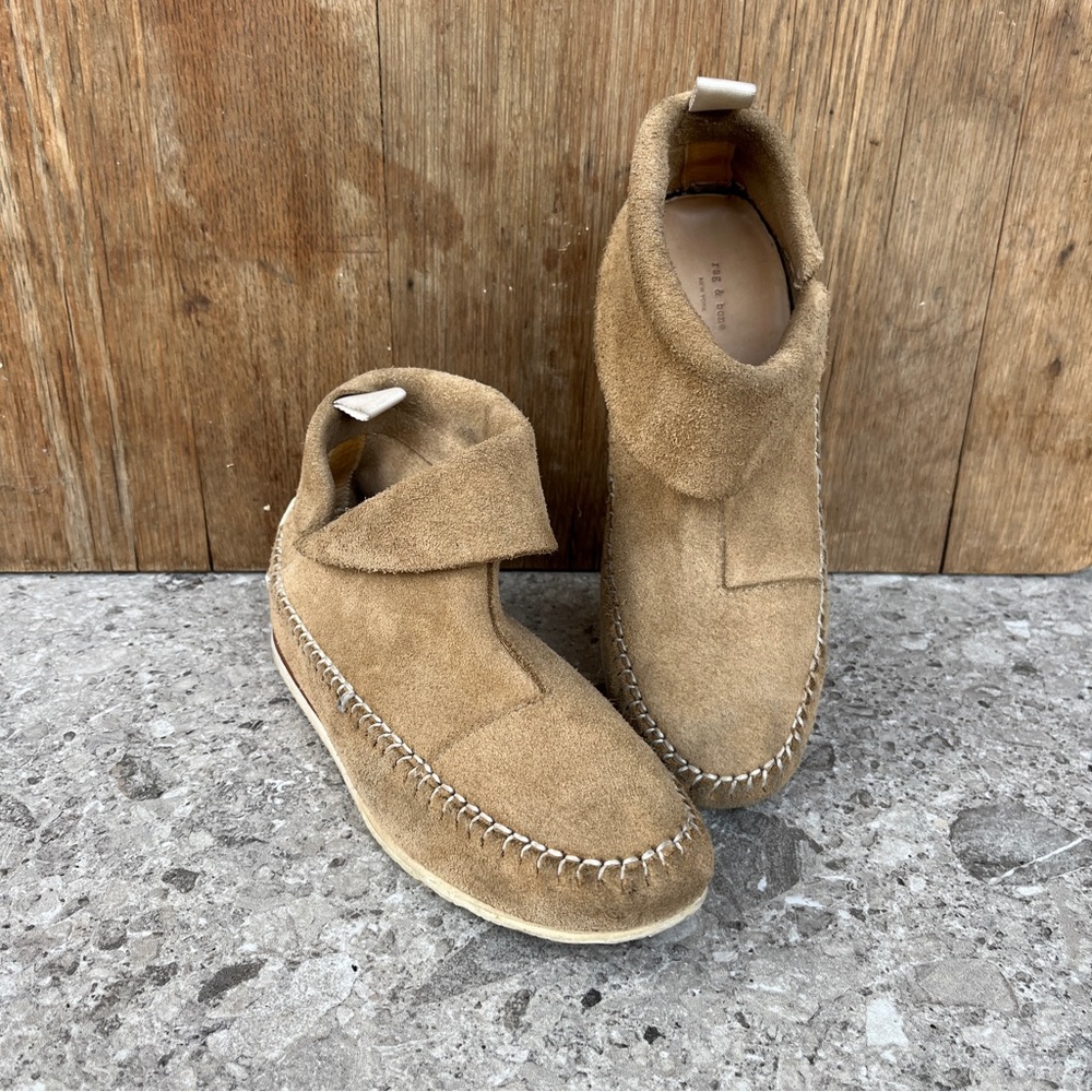 Rag & Bone Brixton Moccasins Stone Tan Suede Ankle Boots Shoes Mocs Boho Slip On - Picture 5 of 16
